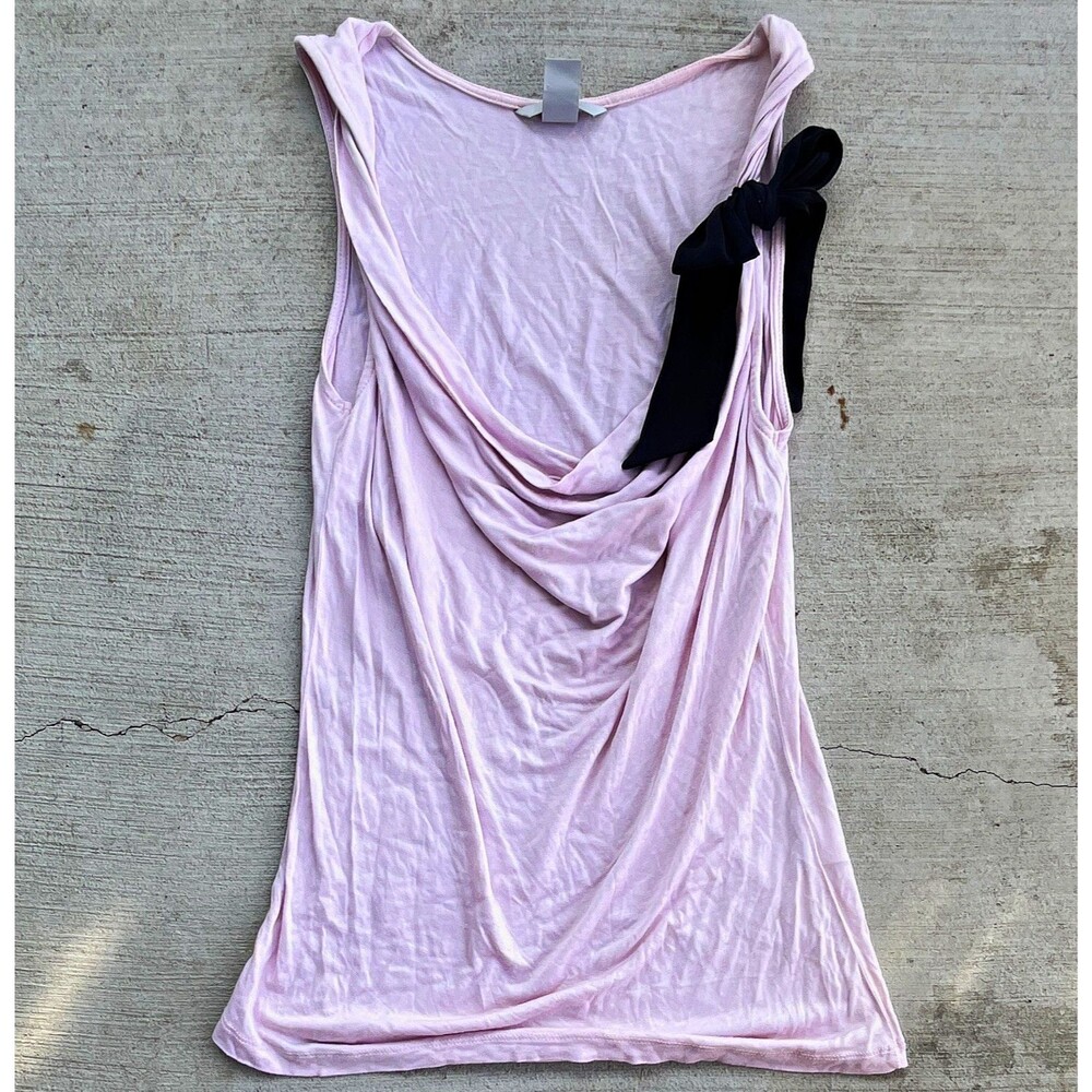 H&M Womens Tank Small Pink Cowl Neck Sleeveless Black Bow Viscose Jersey